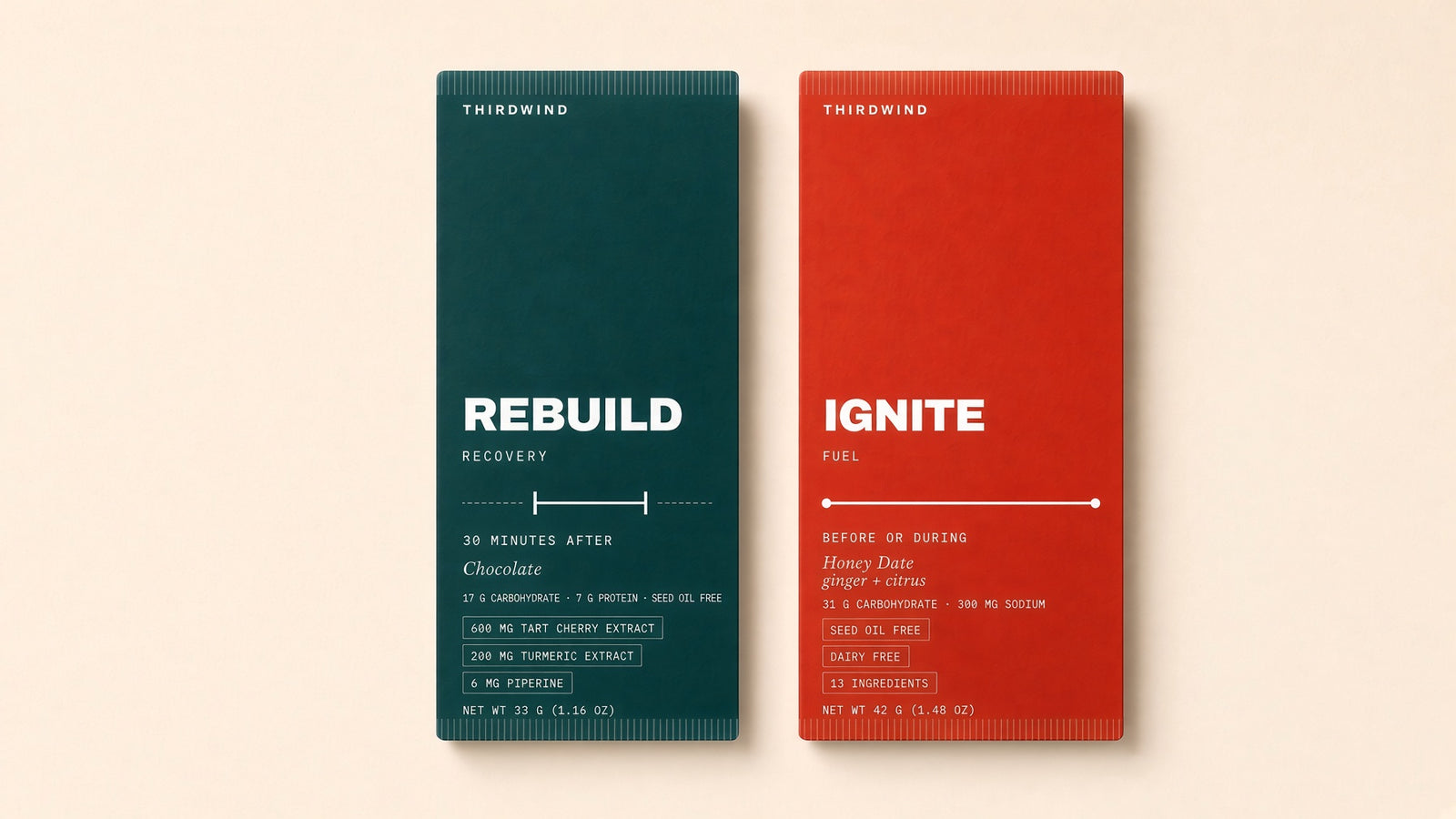 The two Thirdwind bars side by side: REBUILD in deep green, IGNITE in red